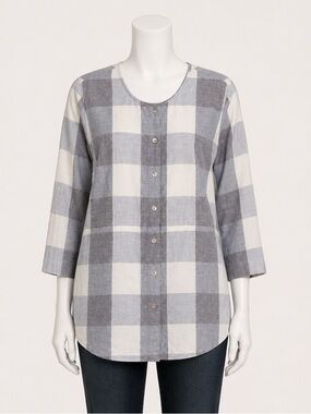 NWOT‎ Pendleton Malena Blue White Plaid Button Front 3/4 Sleeve Tunic Shirt L